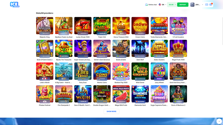 An online casino lobby page showing a grid of slot game tiles under the heading 'Slots/All providers'.