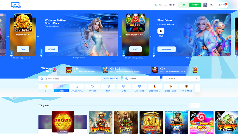 An online casino lobby page shows a promotional carousel above a search bar, lobby category tabs and a row of game tiles.