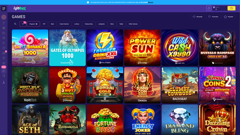An online casino games lobby page showing a grid of game tiles under a 'GAMES' heading with category tabs and a top navigation bar.