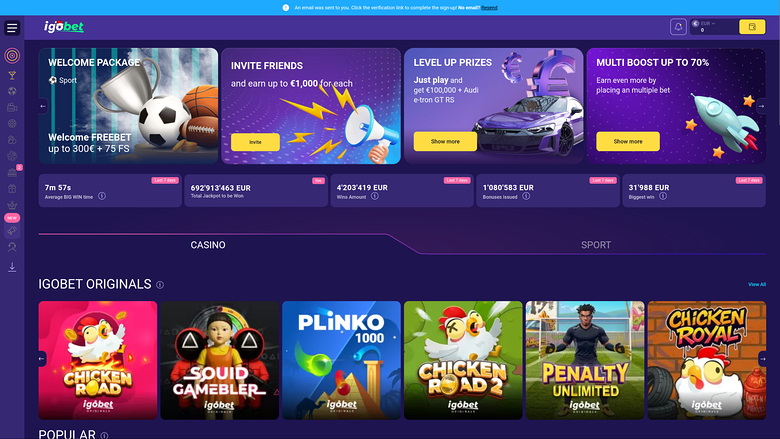 An online casino homepage showing promotional banners, jackpot counters, and a row of IGOBET ORIGINALS game tiles.