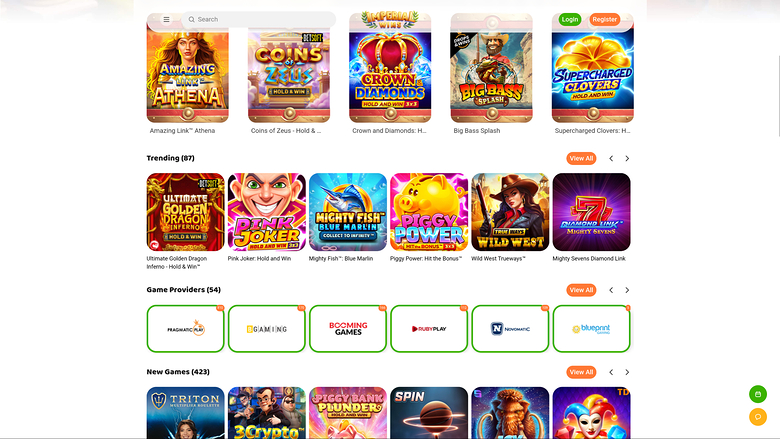 An online casino lobby page showing a search bar, Log in and Register buttons, and rows of game tiles under Trending, Game Providers and New Games headings.