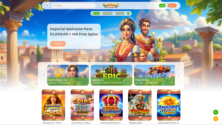 An online casino lobby screenshot showing a Roman-themed welcome screen with a promotional banner, three featured offer cards and a row of five game tiles.