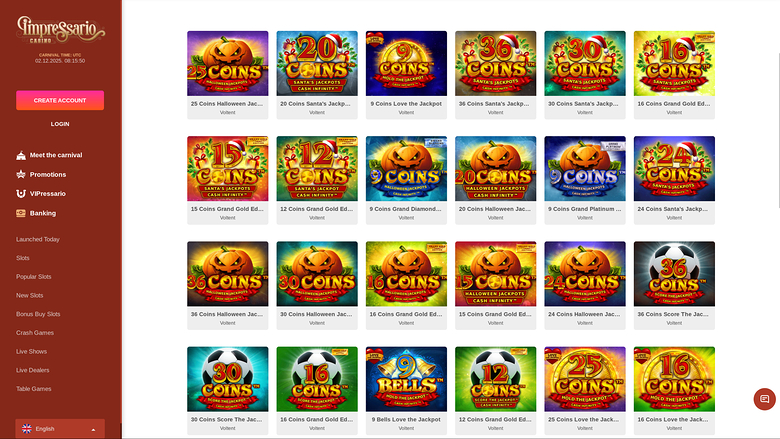 An online casino lobby page for Emperorsario showing a grid of slot game tiles with a left sidebar menu.