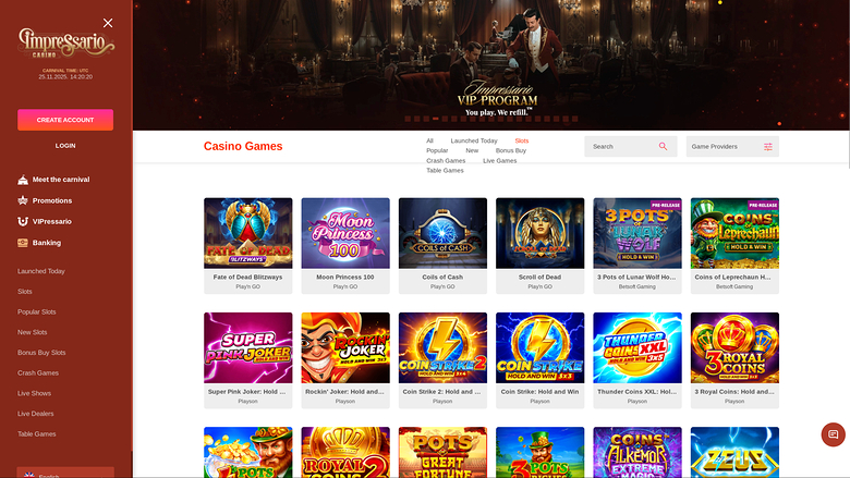 An online casino lobby page for Emperors Palace showing a VIP Program banner and a grid of game tiles under a Casino Games heading.