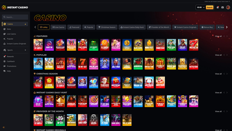 An online casino lobby screen titled CASINO showing a left sidebar menu and multiple horizontally scrolling rows of game thumbnails.
