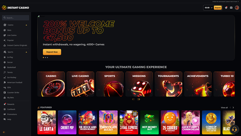 {"summary":"Instant Casino lobby screen showing a 200% welcome bonus up to €7,500 and category tiles above a Featured games row.","colours":"Dark charcoal and b