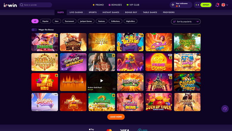 An online casino lobby screenshot showing a grid of game tiles under a 'Wager the Bonus' heading with top navigation menus.