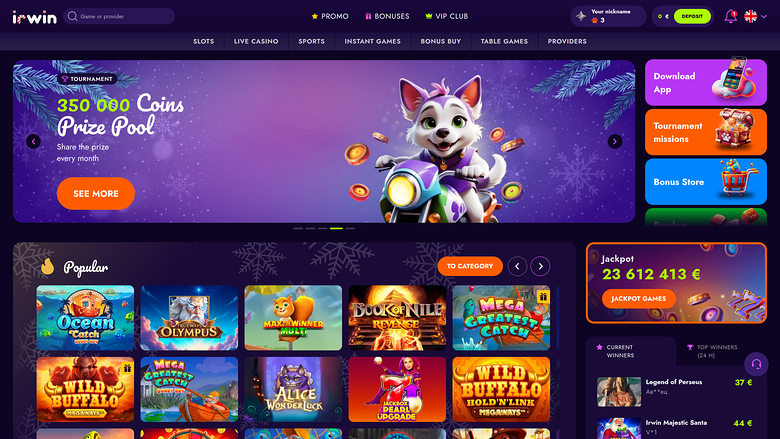 An online casino lobby homepage with a purple winter-themed hero banner, a Popular games grid, and a right sidebar showing a jackpot amount and recent winners.