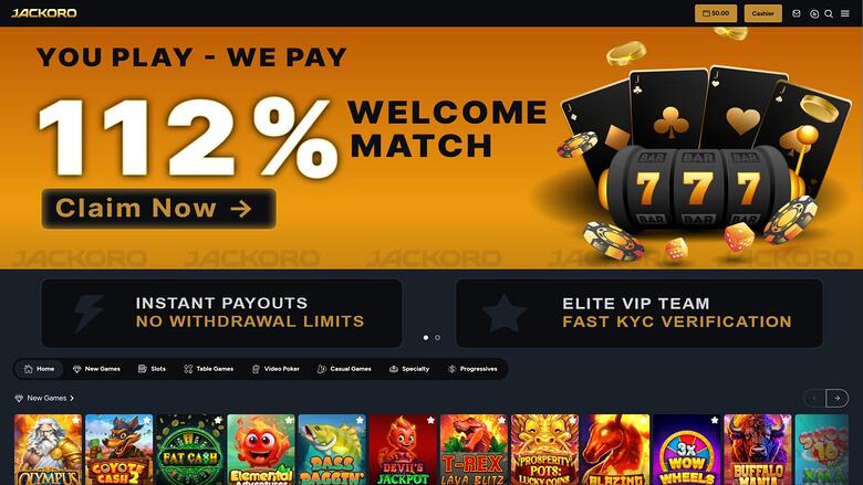 A Jackoro casino homepage shows a 112% welcome match banner above two feature panels and a row of game tiles.