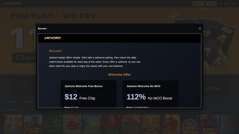 A Jackoro casino bonuses modal is open over a dimmed lobby page showing a welcome offer and game tiles.