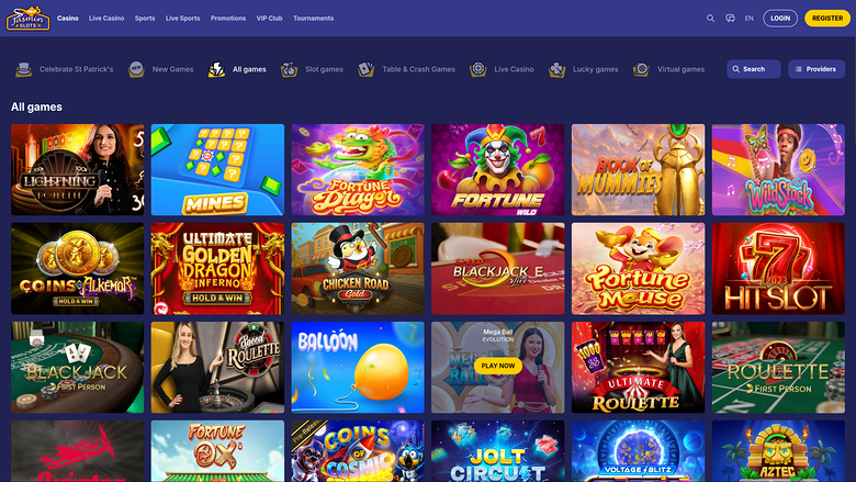 An online casino lobby page showing an 'All games' grid of game tiles beneath a top navigation bar and category filters.