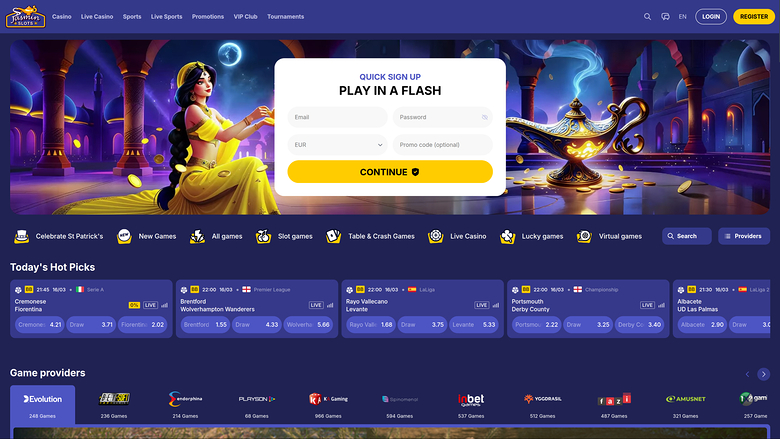 An online casino homepage showing a quick sign-up modal over a hero banner, a sports betting row, a Today's Hot Picks section and a game providers strip.