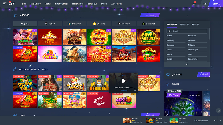 A dark-themed online casino lobby showing a Popular games grid, a Hot games row, and provider filter tabs, with a Jackpots and Events sidebar.