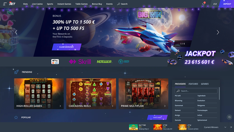 An online casino lobby homepage showing a promotional hero banner, a jackpot counter, provider logos, and rows of game tiles under Trending and Popular headings