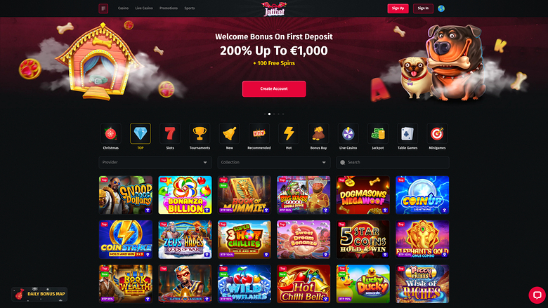 Jokabet casino lobby screenshot showing a welcome bonus banner and a grid of game tiles under category icons.
