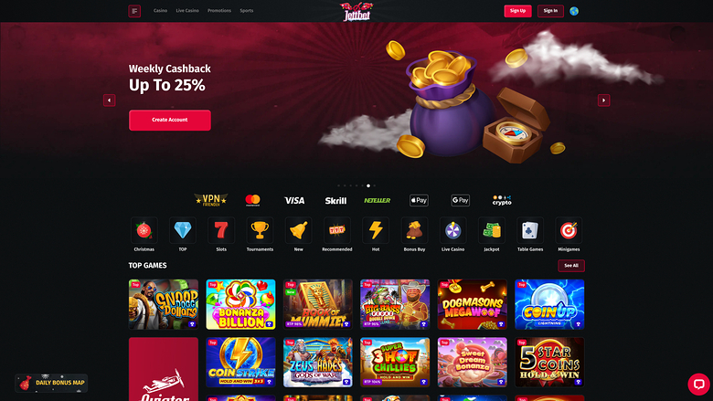 A Jokabet online casino homepage showing a weekly cashback hero banner, payment icons, game category icons and a Top Games grid.