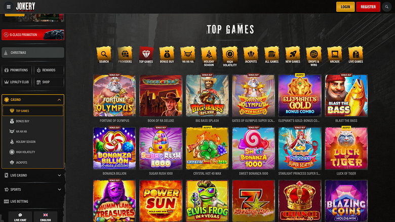 A casino lobby screen titled 'Top Games' showing a grid of game tiles with a left sidebar menu and a top header with login and register buttons.