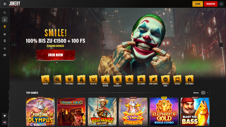 A Jokery casino homepage shows a joker-themed hero banner with a 100% bonus offer and a row of game category icons above a Top Games grid.