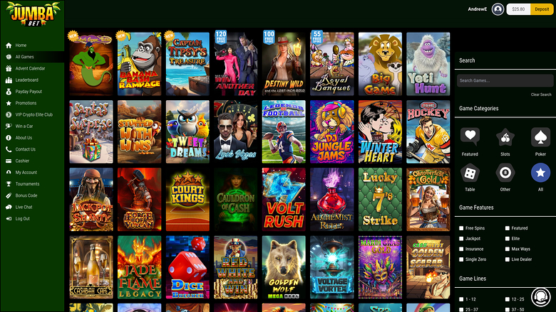 A Jumba Bet casino lobby screen showing a grid of game thumbnails with a left sidebar menu and a right-hand search and category panel.