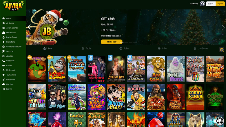 A Jumba Bet online casino lobby showing a 150% bonus promotion and a grid of game tiles.