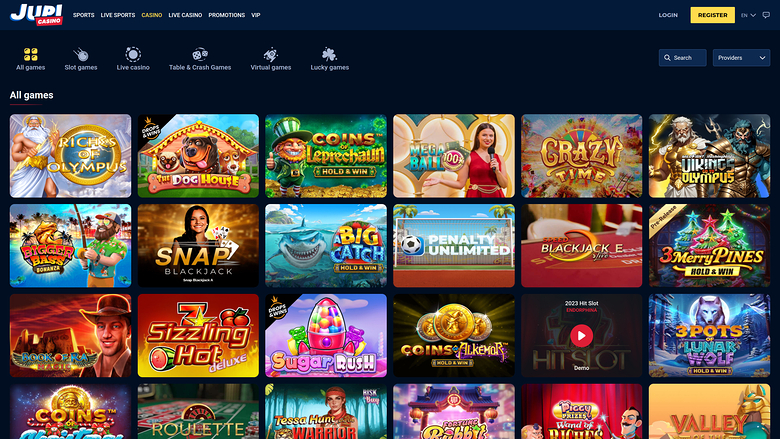 A Jupi casino lobby page showing an 'All games' grid of game tiles beneath a top navigation bar and category icons.