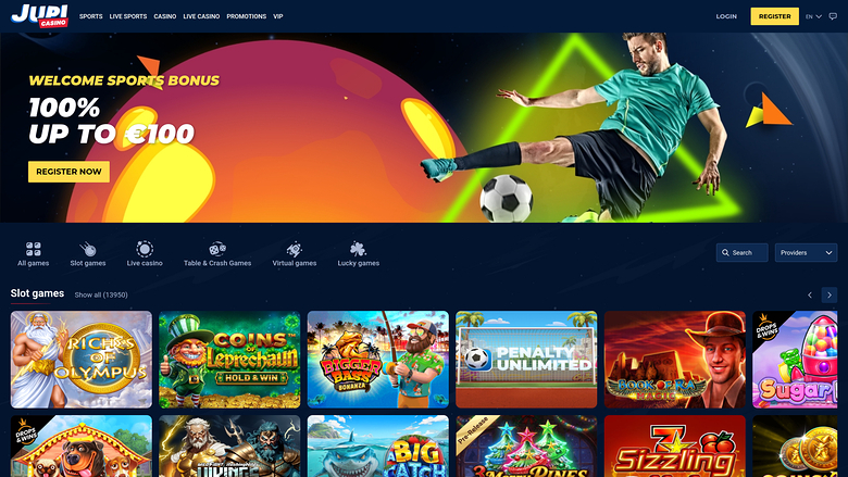 A Jupi casino lobby page showing a sports bonus hero banner and a grid of slot game tiles.