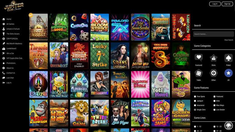 A dark-themed online casino lobby shows a grid of game thumbnails with a left sidebar menu and a right search and category panel.