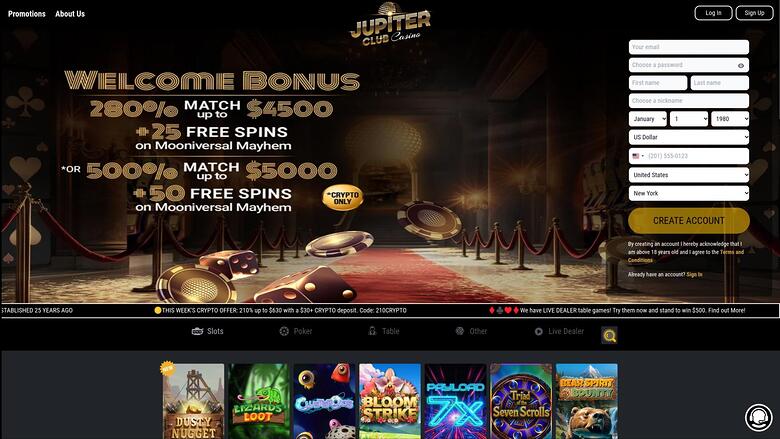 A casino landing page shows a welcome bonus hero area beside a registration form, with a game-tile row below.