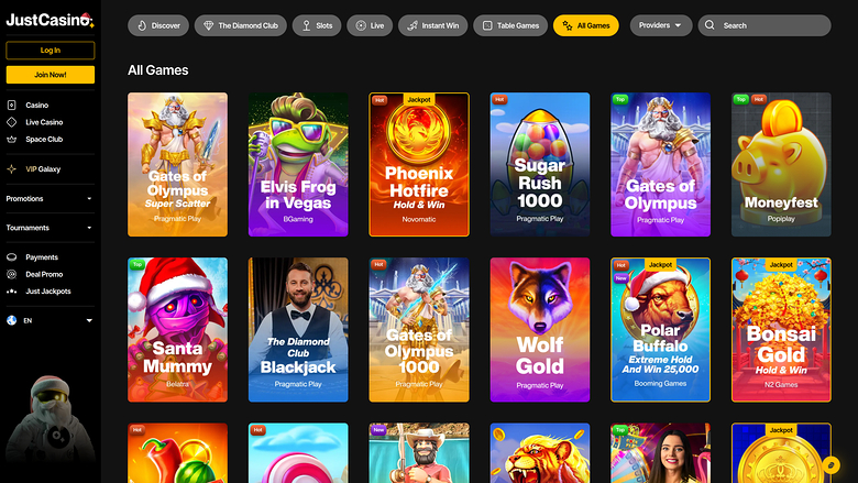 An online casino lobby titled All Games showing a grid of game tiles with a left sidebar menu and top navigation bar.