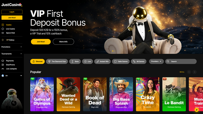 JustCasino homepage showing a VIP First Deposit Bonus hero banner and a Popular games row.