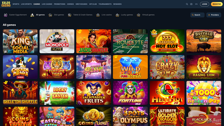 An online casino lobby screen showing an 'All games' grid of game tiles beneath a top navigation bar and category filters.
