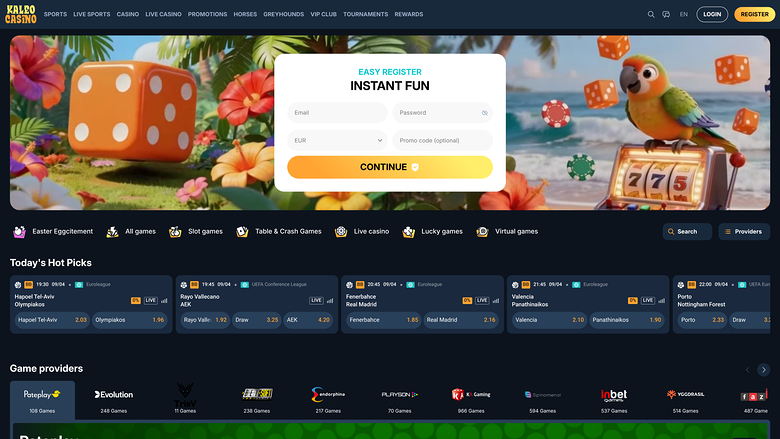 A casino homepage with a registration pop-up over a beach-themed hero banner, category tabs, sports betting cards and a game provider row.