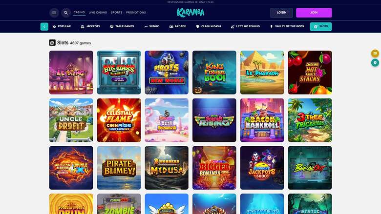 A Karamba casino lobby Slots page showing a grid of game tiles under a top navigation bar with Login and Join buttons.
