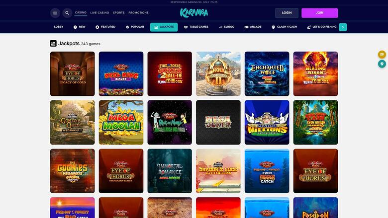A casino lobby page showing a Jackpots category with 243 games displayed as a grid of game tiles.