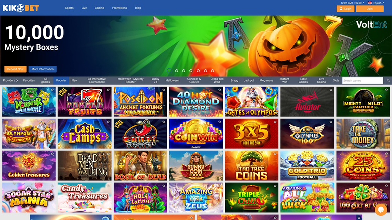 A Kikobet casino lobby screenshot shows a Halloween-themed 10,000 Mystery Boxes banner above a grid of game thumbnails and category tabs.