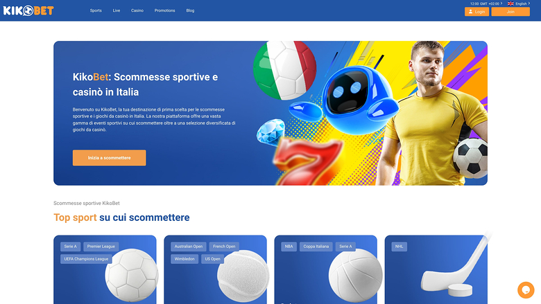 KikoBet homepage in Italian showing a sports and casino welcome hero with a football player and a 'Top sport' row of four sport tiles.
