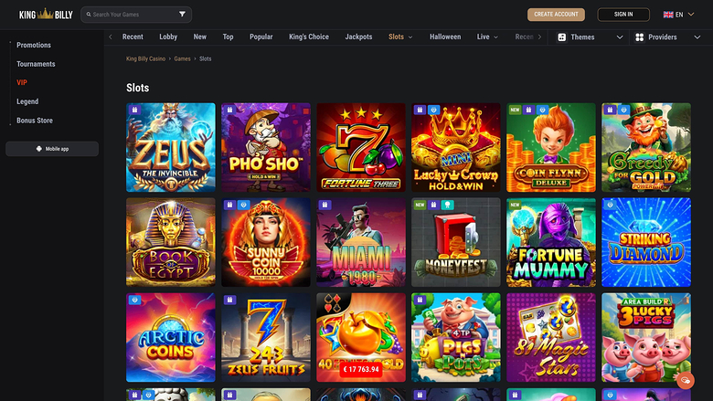 A King Billy casino lobby Slots page showing a grid of game tiles under a top navigation bar and a left sidebar.