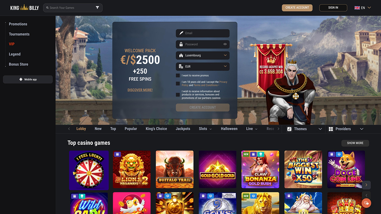 King Billy casino homepage showing a welcome pack registration form over a hero image and a Top casino games grid below.
