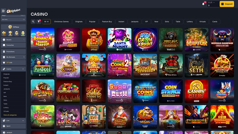 A casino lobby screen on the Kakebet site showing a grid of game tiles under a CASINO heading.