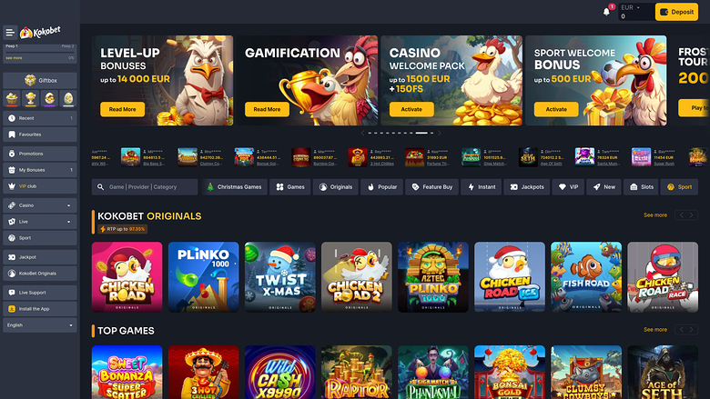 A desktop online casino lobby screen for Kokobet showing promotional banners, a game category menu, and rows of game tiles.