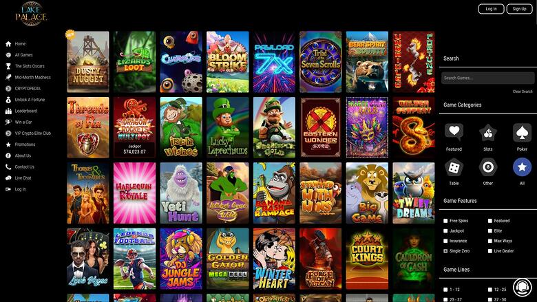 An online casino lobby screen showing a grid of game tiles with a left sidebar menu and a right search/category panel.