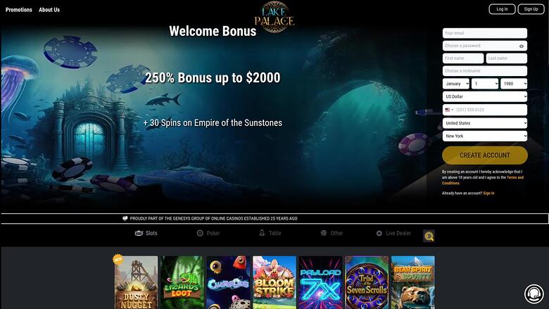 A casino landing page shows a 'Welcome Bonus' hero with an underwater theme beside a registration form.