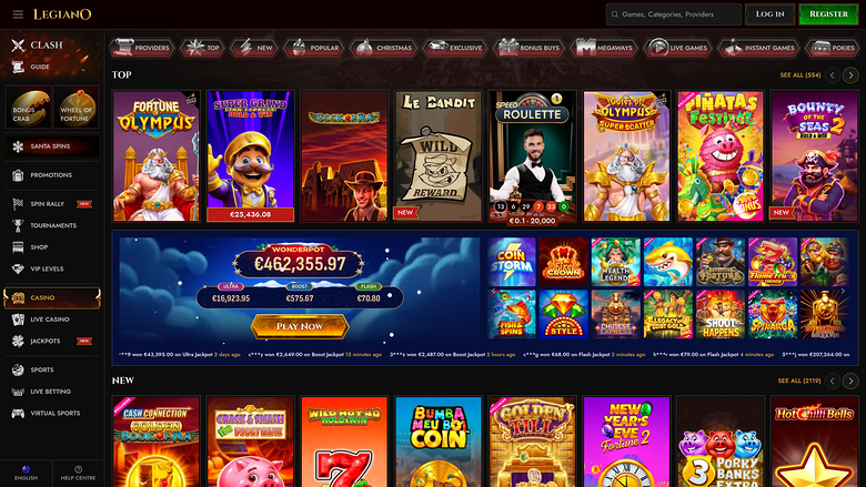 A Legiano online casino lobby screen showing a TOP game row, a jackpot banner, and a NEW games row.