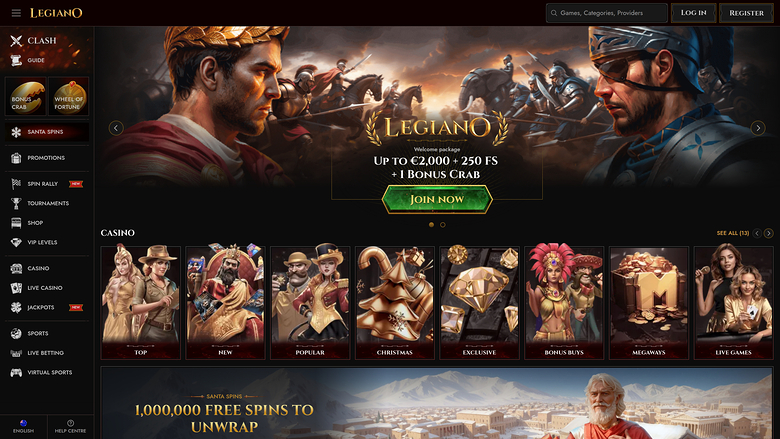An online casino homepage for Legiano showing a Roman-themed welcome bonus banner, a left sidebar menu, and a row of game category tiles.