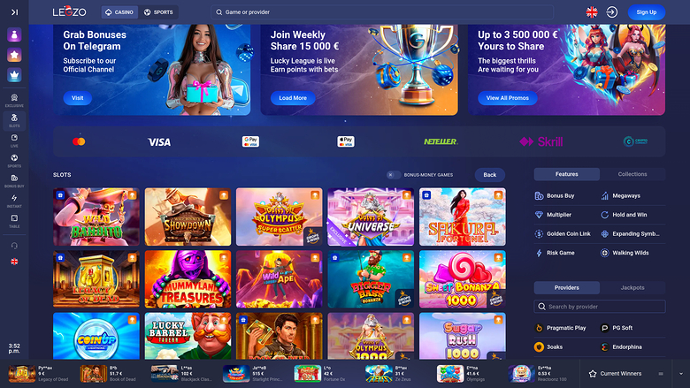 An online casino lobby page showing a top navigation bar, three promotional banners, payment provider logos, and a grid of slot game tiles with a right-hand fil