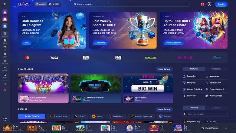 An online casino lobby screenshot showing promotional banners, payment logos, game tiles and a left icon sidebar.