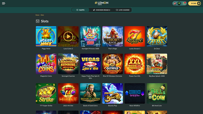 A slots lobby page on the Lemon casino site showing a grid of game tiles under a Slots heading.