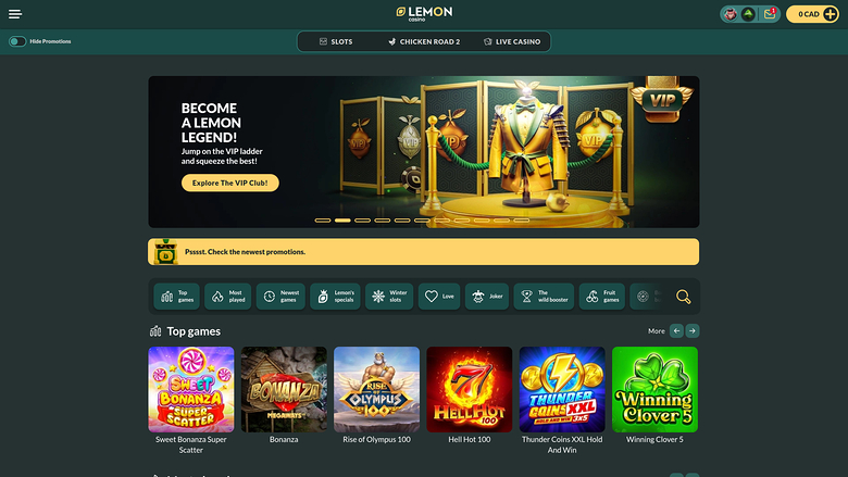 A desktop online casino lobby for 'LEMON' showing a VIP promotion hero banner, a promotions notice bar, category filters and a row of six game tiles.
