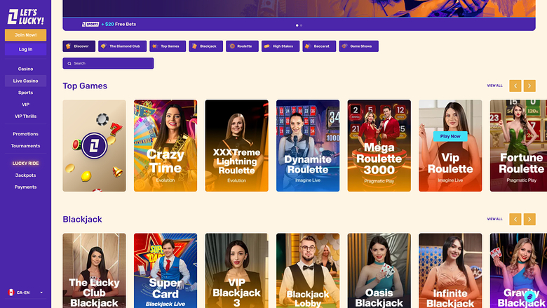 Lets Lucky Casino — Live dealer lobby