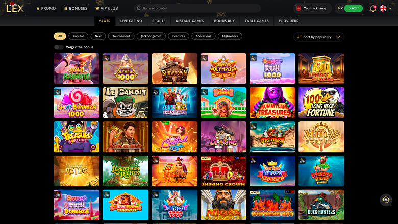 A casino lobby screen showing a grid of game tiles under a top navigation bar with category tabs and a sort control.
